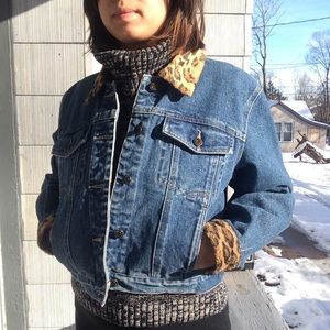 black denim jacket with leopard collar